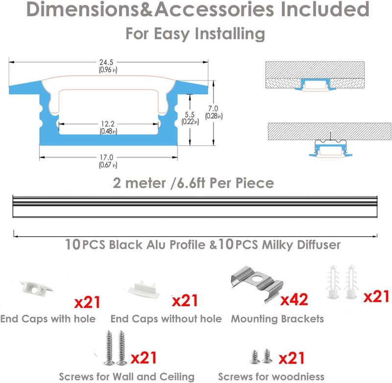 Besseto 10 Pack 6.6ft 2M Recessed Aluminum Channel, White LED Strip Light Diffuser Aluminum Channel Profile Housing Track for 12mm Width LED Strip Light - Image 2